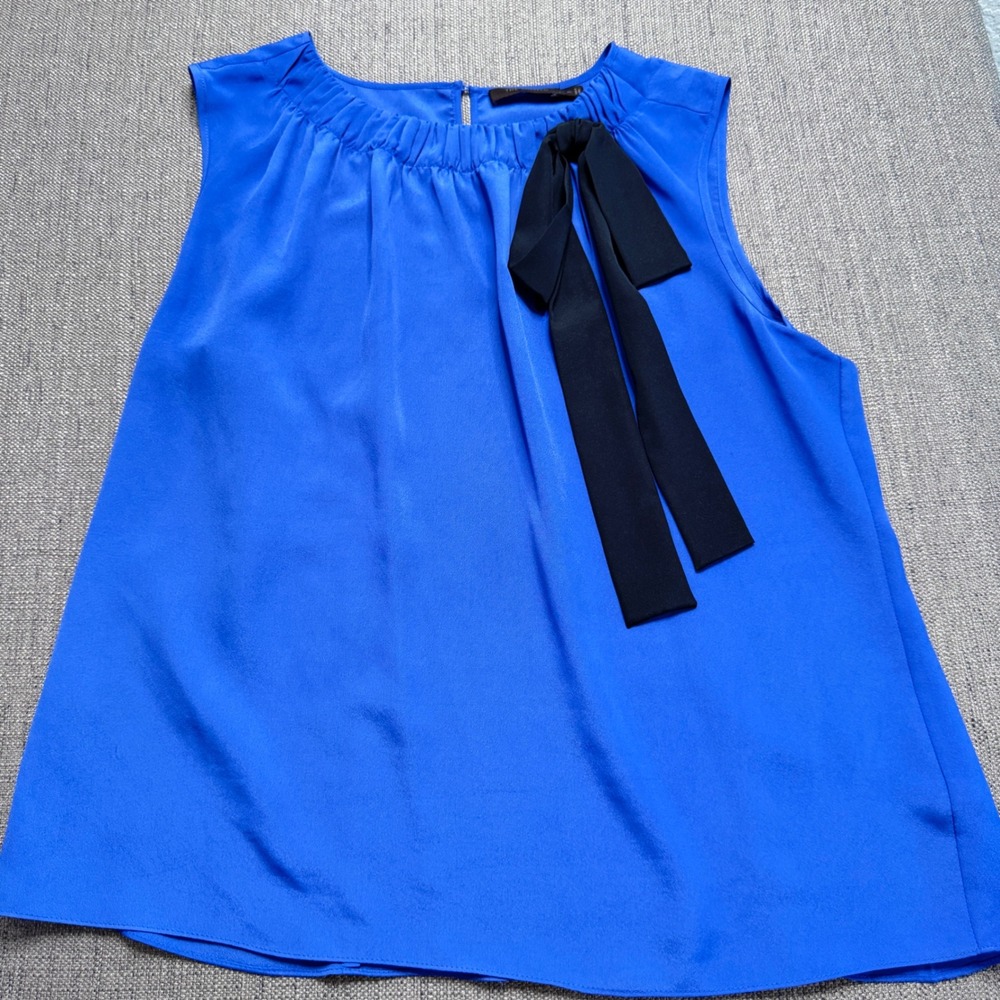 The Limited Royal Blue Sleeveless Blouse Black Neck Tie Keyhole Back XL